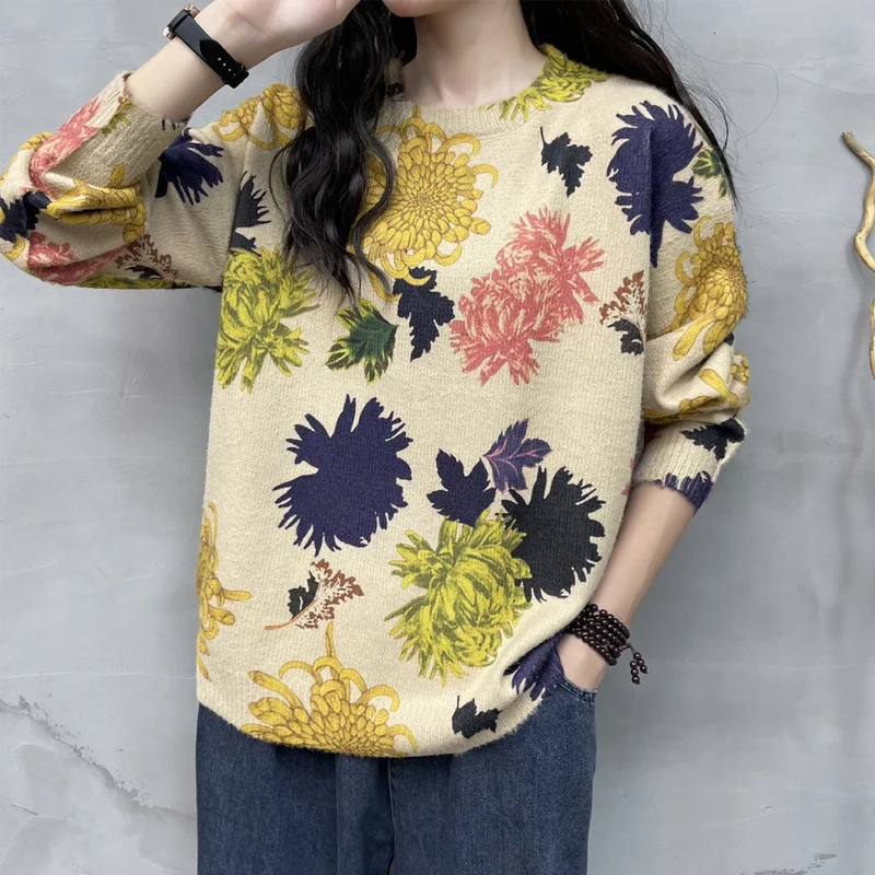 Amax luluE 2024 Autumn New Fashion Ladies Elegant Vintage Knitwear Korean Design Pullover Sweaters Female Casual Printed Jumpers