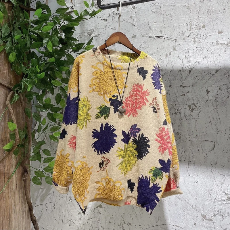 Amax luluE 2024 Autumn New Fashion Ladies Elegant Vintage Knitwear Korean Design Pullover Sweaters Female Casual Printed Jumpers