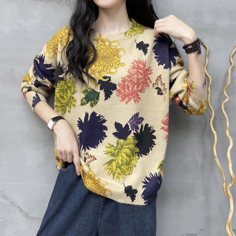 Amax luluE 2024 Autumn New Fashion Ladies Elegant Vintage Knitwear Korean Design Pullover Sweaters Female Casual Printed Jumpers