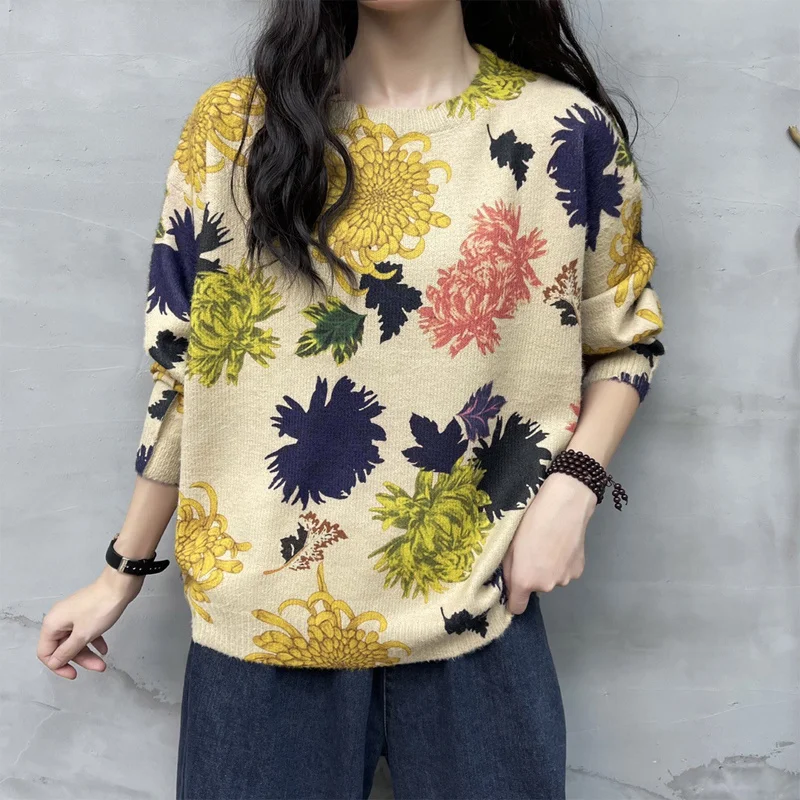 Amax luluE 2024 Autumn New Fashion Ladies Elegant Vintage Knitwear Korean Design Pullover Sweaters Female Casual Printed Jumpers
