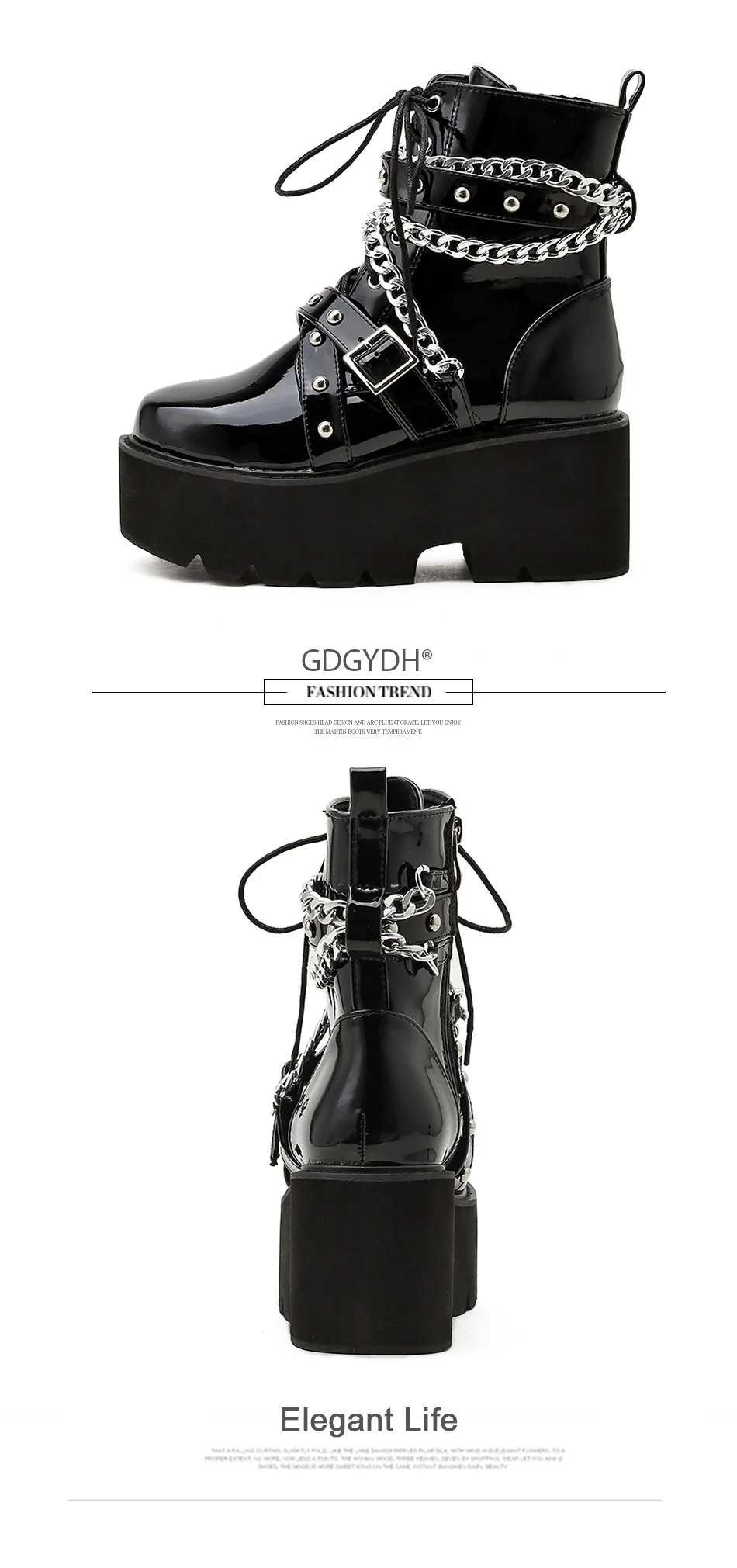 Gdgydh Autumn Winter Boots Women Sexy Chain Boots Ankle Buckle Strap Ankle Boots Square Heel Thick Sole Platform Rock Punk Style
