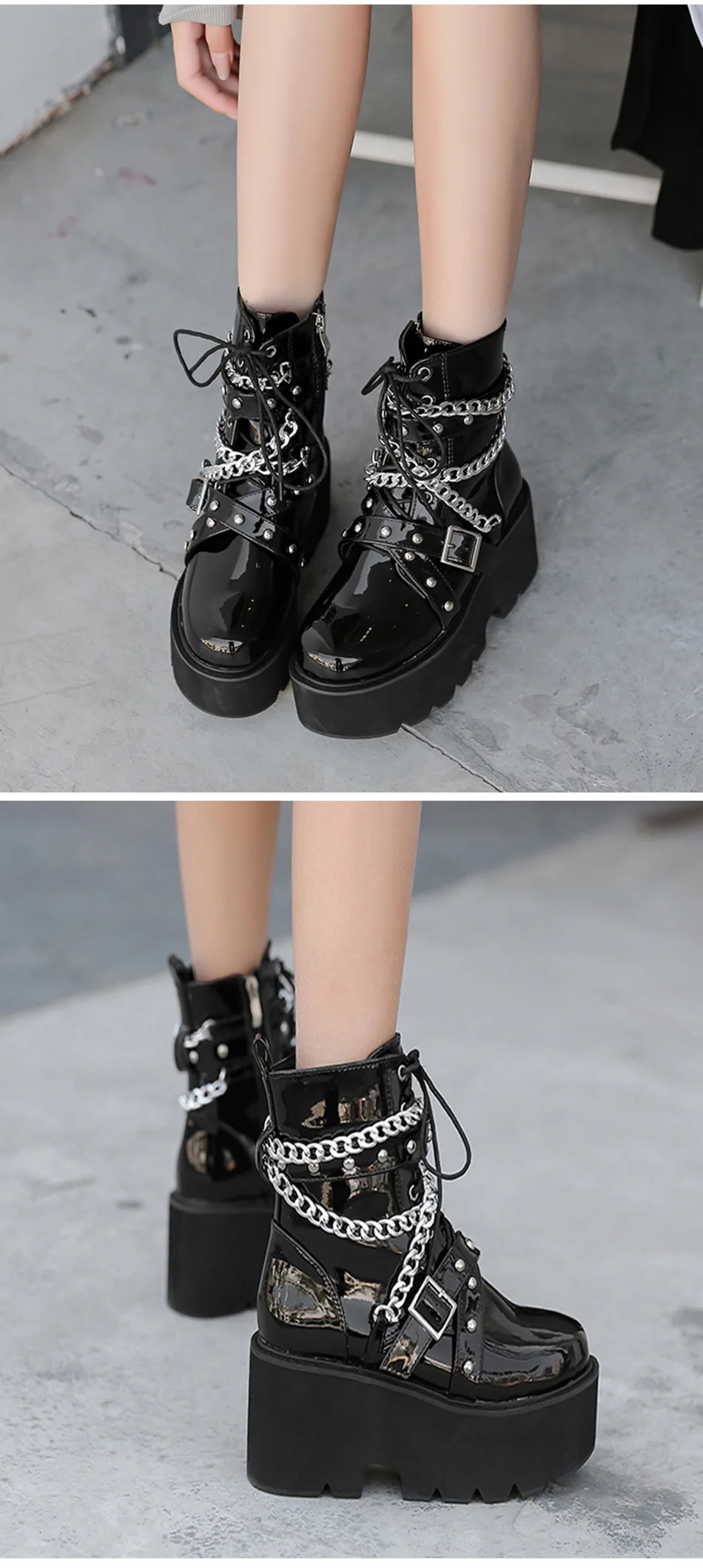 Gdgydh Autumn Winter Boots Women Sexy Chain Boots Ankle Buckle Strap Ankle Boots Square Heel Thick Sole Platform Rock Punk Style