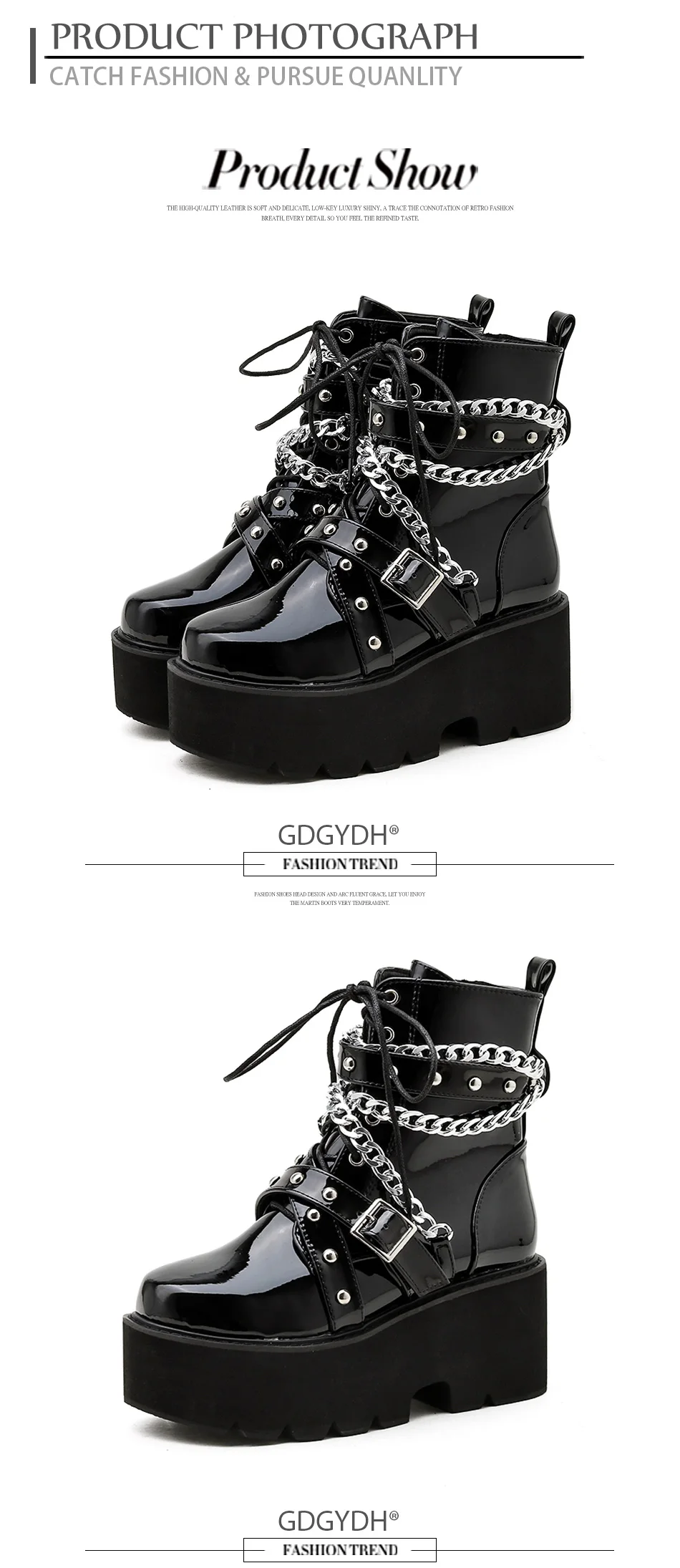 Gdgydh Autumn Winter Boots Women Sexy Chain Boots Ankle Buckle Strap Ankle Boots Square Heel Thick Sole Platform Rock Punk Style