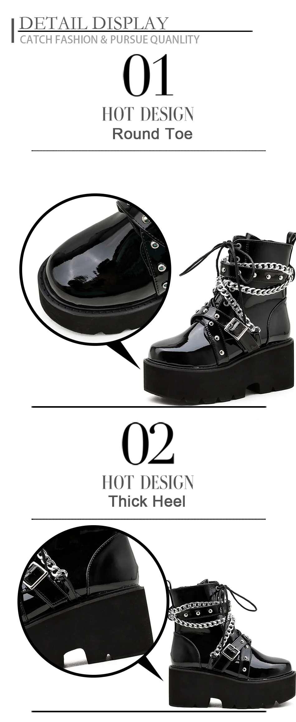 Gdgydh Autumn Winter Boots Women Sexy Chain Boots Ankle Buckle Strap Ankle Boots Square Heel Thick Sole Platform Rock Punk Style