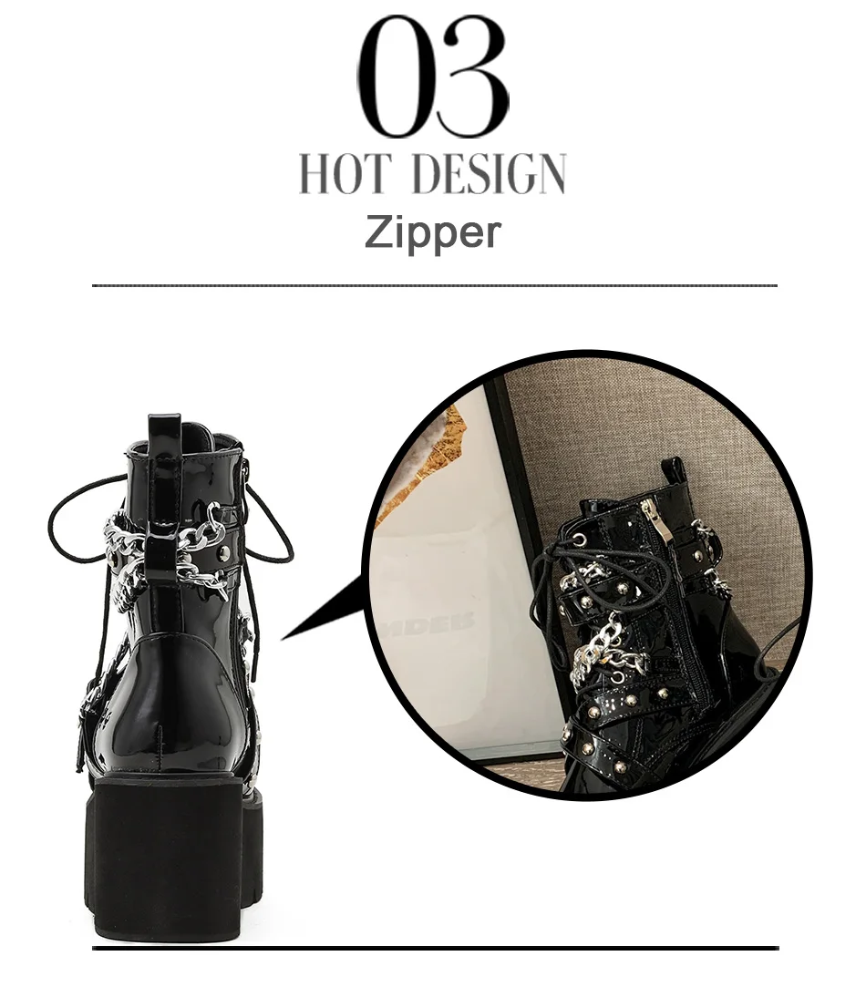 Gdgydh Autumn Winter Boots Women Sexy Chain Boots Ankle Buckle Strap Ankle Boots Square Heel Thick Sole Platform Rock Punk Style