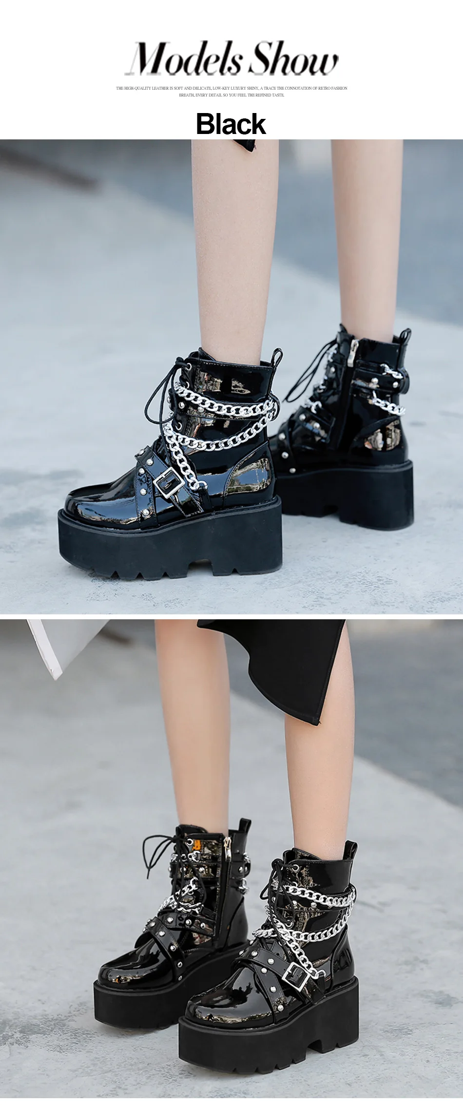 Gdgydh Autumn Winter Boots Women Sexy Chain Boots Ankle Buckle Strap Ankle Boots Square Heel Thick Sole Platform Rock Punk Style