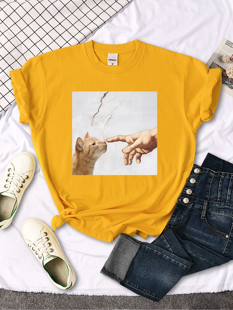 T Shirt Funny Cute Cat And Manpower Printed Womens T-Shirt Kawaii Fashion Woman Clothes Oversized Harajuku Tshirt For Women's
