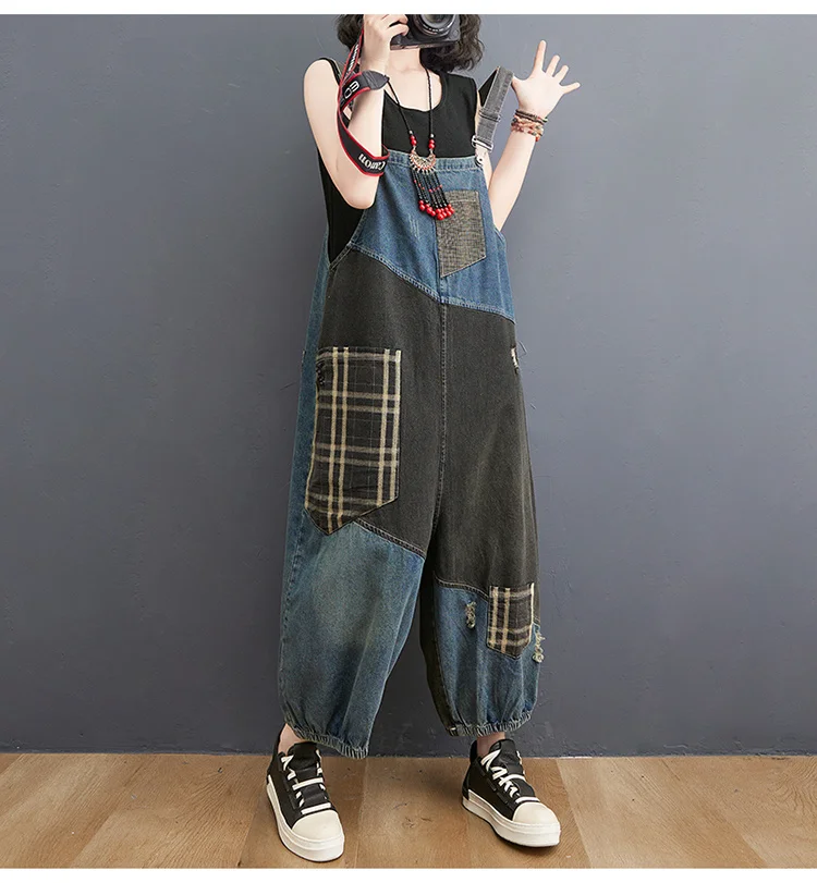 Amax luluE 2024 Korean Summer Design Women Plaid Ripped Denim Overalls Ladies Vintage Oversized Jeans Girl Punk Style Trousers