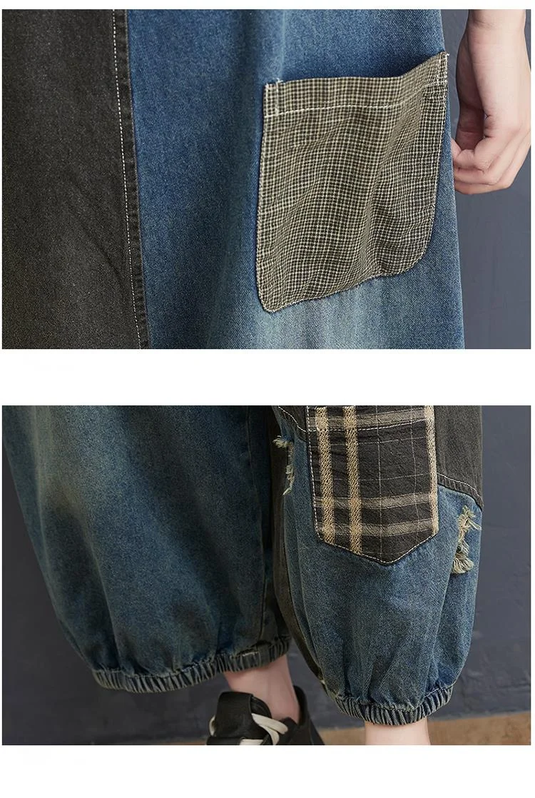 Amax luluE 2024 Korean Summer Design Women Plaid Ripped Denim Overalls Ladies Vintage Oversized Jeans Girl Punk Style Trousers