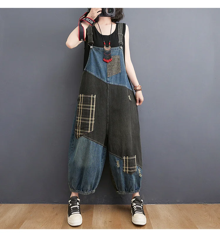 Amax luluE 2024 Korean Summer Design Women Plaid Ripped Denim Overalls Ladies Vintage Oversized Jeans Girl Punk Style Trousers