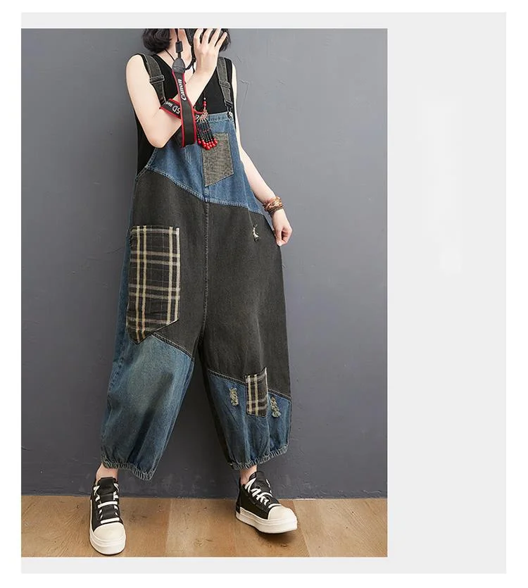 Amax luluE 2024 Korean Summer Design Women Plaid Ripped Denim Overalls Ladies Vintage Oversized Jeans Girl Punk Style Trousers