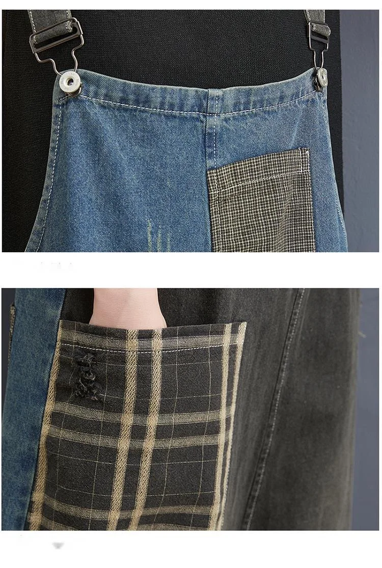 Amax luluE 2024 Korean Summer Design Women Plaid Ripped Denim Overalls Ladies Vintage Oversized Jeans Girl Punk Style Trousers