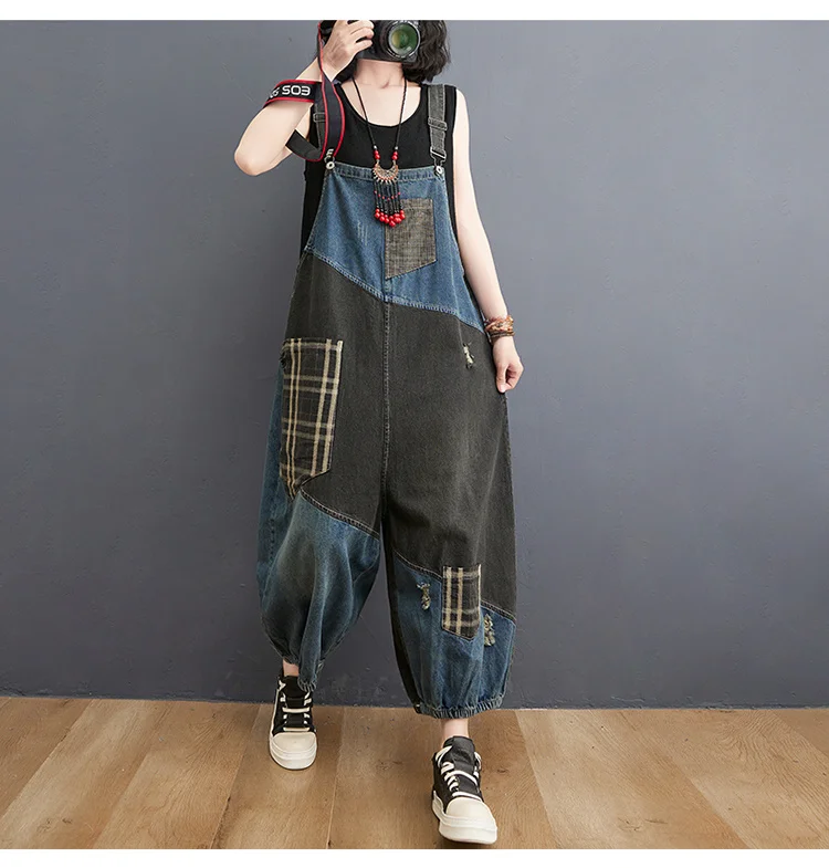 Amax luluE 2024 Korean Summer Design Women Plaid Ripped Denim Overalls Ladies Vintage Oversized Jeans Girl Punk Style Trousers
