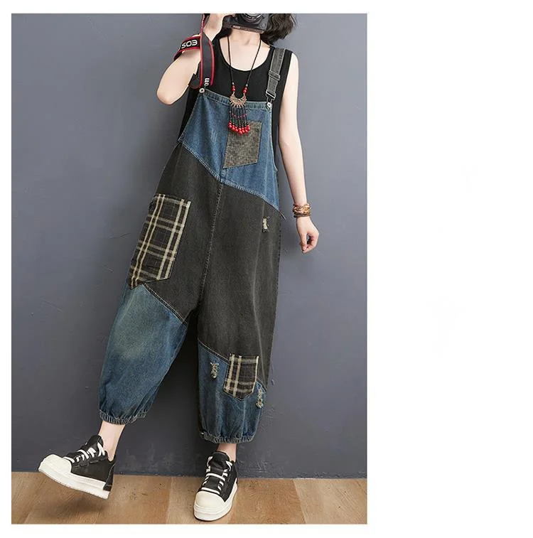 Amax luluE 2024 Korean Summer Design Women Plaid Ripped Denim Overalls Ladies Vintage Oversized Jeans Girl Punk Style Trousers