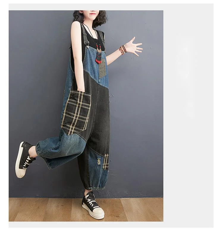 Amax luluE 2024 Korean Summer Design Women Plaid Ripped Denim Overalls Ladies Vintage Oversized Jeans Girl Punk Style Trousers