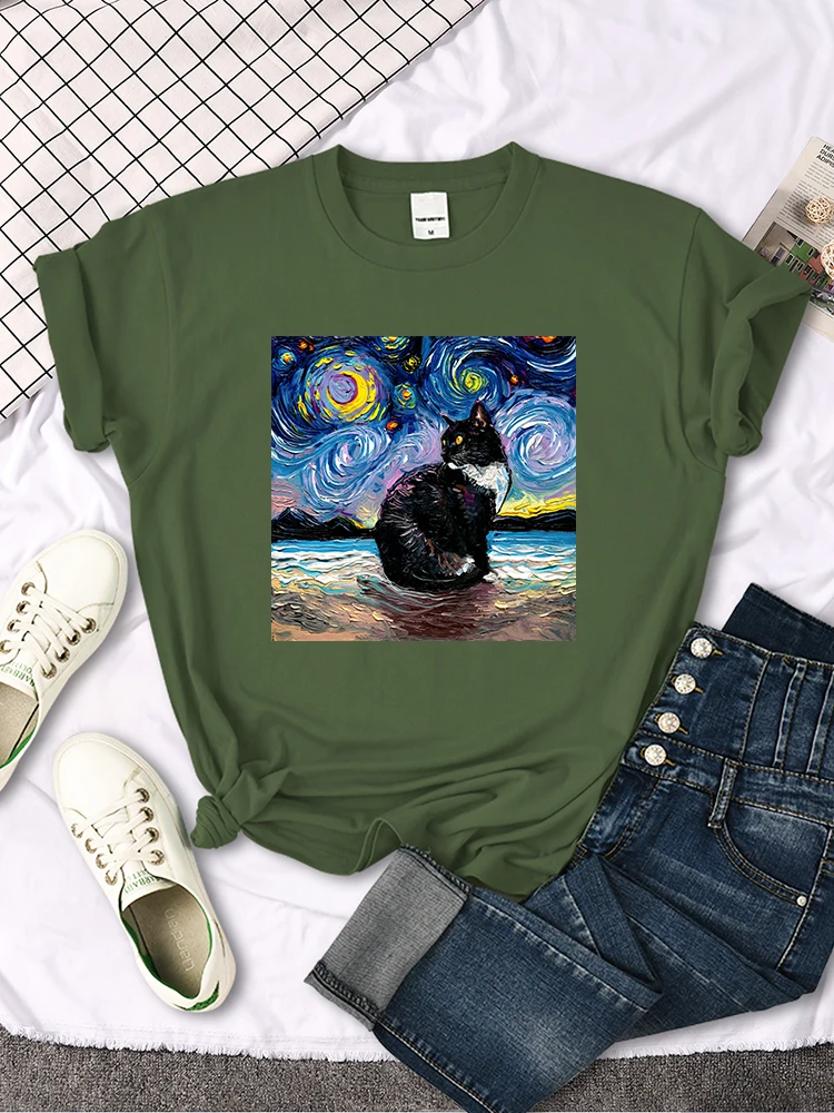 Womens T Shirts Beautiful Starry Cats Printing T-Shirts For Woman Casual Korean Style Women Tshirt Vintage Crewneck Tee Shirts