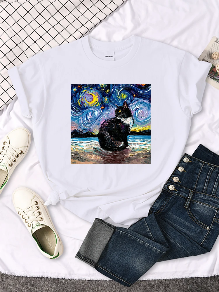 Womens T Shirts Beautiful Starry Cats Printing T-Shirts For Woman Casual Korean Style Women Tshirt Vintage Crewneck Tee Shirts