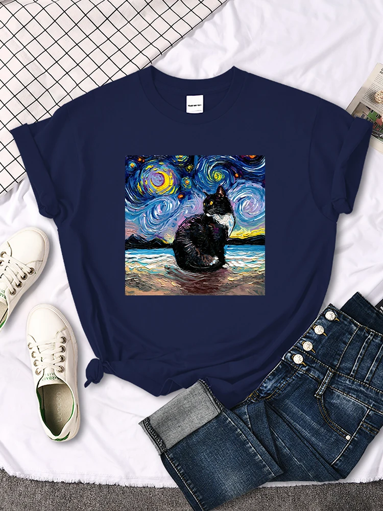 Womens T Shirts Beautiful Starry Cats Printing T-Shirts For Woman Casual Korean Style Women Tshirt Vintage Crewneck Tee Shirts