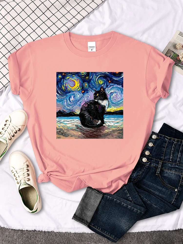 Womens T Shirts Beautiful Starry Cats Printing T-Shirts For Woman Casual Korean Style Women Tshirt Vintage Crewneck Tee Shirts