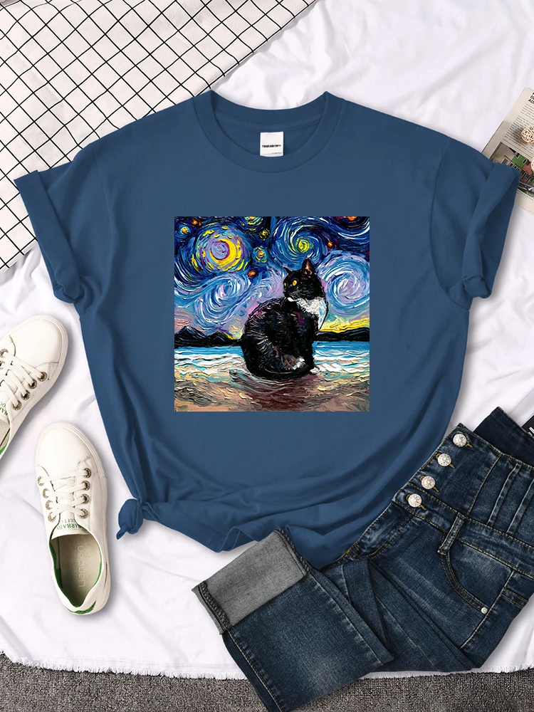 Womens T Shirts Beautiful Starry Cats Printing T-Shirts For Woman Casual Korean Style Women Tshirt Vintage Crewneck Tee Shirts