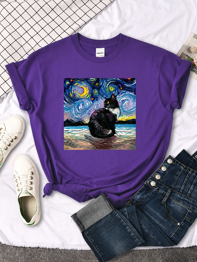 Womens T Shirts Beautiful Starry Cats Printing T-Shirts For Woman Casual Korean Style Women Tshirt Vintage Crewneck Tee Shirts