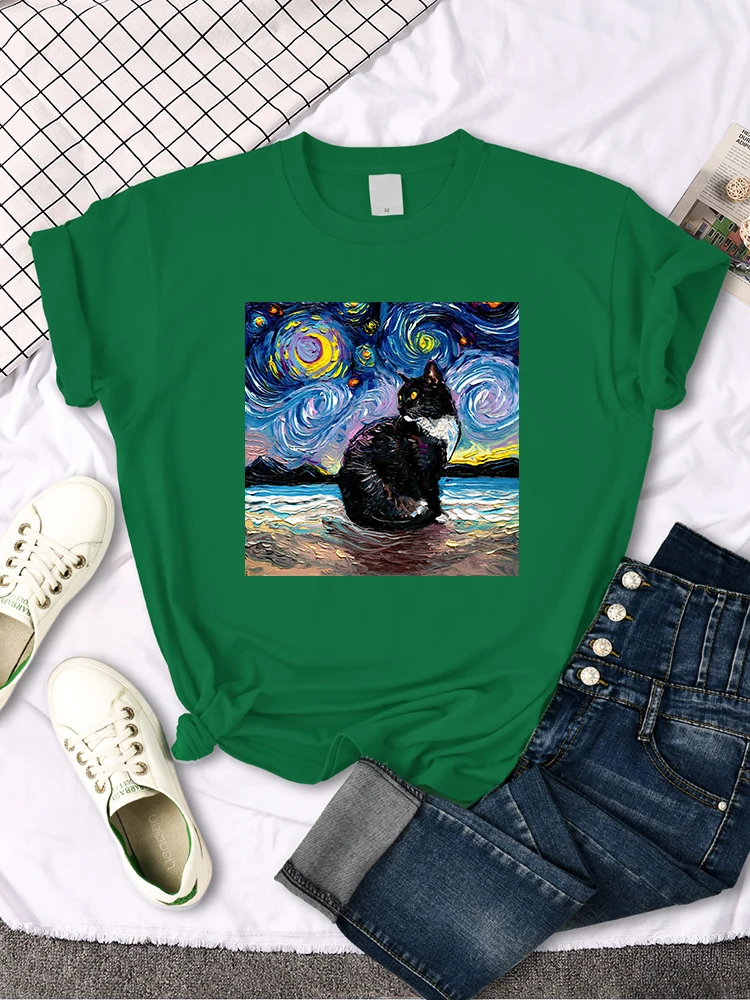 Womens T Shirts Beautiful Starry Cats Printing T-Shirts For Woman Casual Korean Style Women Tshirt Vintage Crewneck Tee Shirts