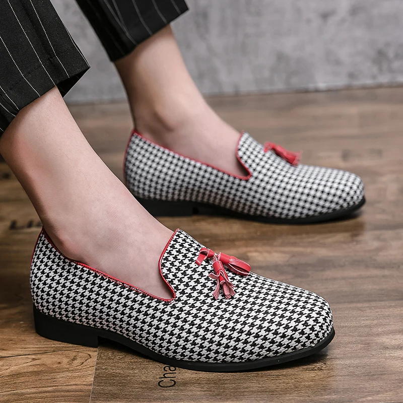 houndstooth men loafers cow suede leather shoes party nightclub dress slip on summer shoe comfortable sneakers zapatos hombre