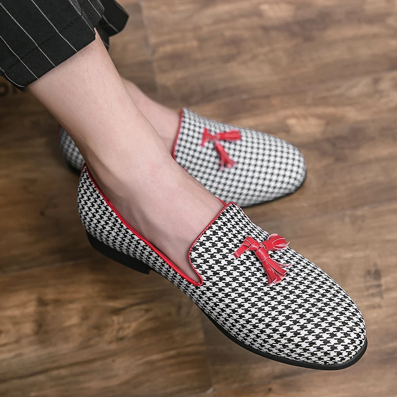 houndstooth men loafers cow suede leather shoes party nightclub dress slip on summer shoe comfortable sneakers zapatos hombre