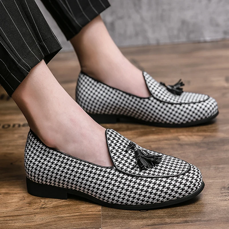 houndstooth men loafers cow suede leather shoes party nightclub dress slip on summer shoe comfortable sneakers zapatos hombre