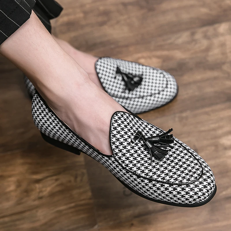 houndstooth men loafers cow suede leather shoes party nightclub dress slip on summer shoe comfortable sneakers zapatos hombre