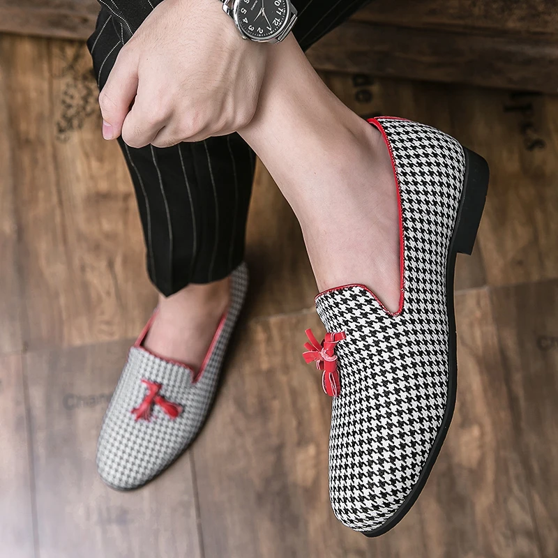 houndstooth men loafers cow suede leather shoes party nightclub dress slip on summer shoe comfortable sneakers zapatos hombre