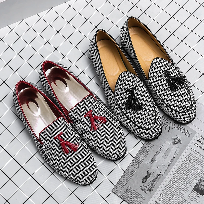 houndstooth men loafers cow suede leather shoes party nightclub dress slip on summer shoe comfortable sneakers zapatos hombre