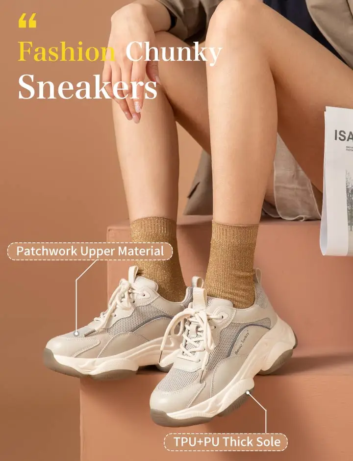 BeauToday Chunky Sneakers Women Mesh Leather Platform Shoes Mixed Colors Lace-Up Lady Trendy Trainers Thick Sole Handmade 29401
