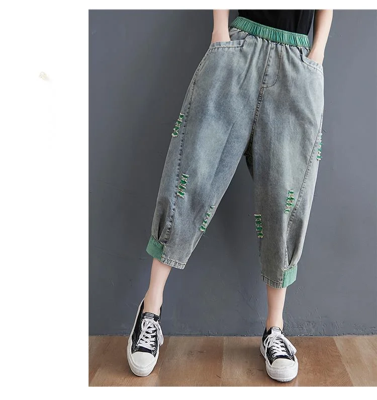 Amax luluE 2025 Summer Holes Design Womens Ripped Loose Harem Pants Ladies Contrast Color Elastic Jeans Females Denim Trousers