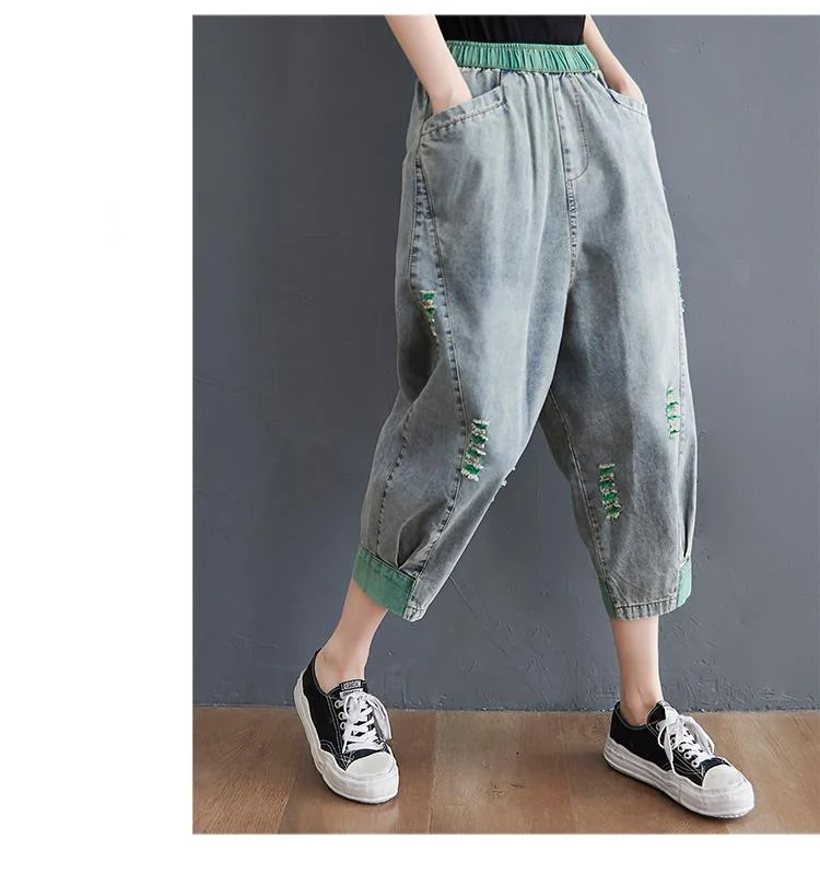 Amax luluE 2025 Summer Holes Design Womens Ripped Loose Harem Pants Ladies Contrast Color Elastic Jeans Females Denim Trousers