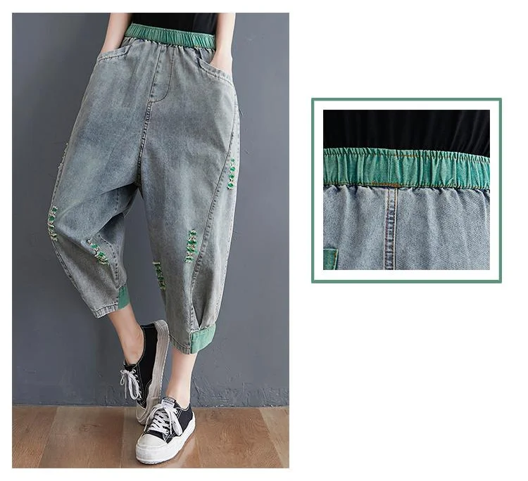 Amax luluE 2025 Summer Holes Design Womens Ripped Loose Harem Pants Ladies Contrast Color Elastic Jeans Females Denim Trousers