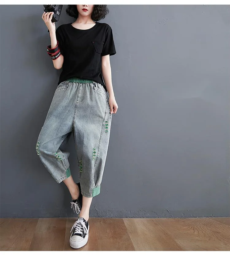 Amax luluE 2025 Summer Holes Design Womens Ripped Loose Harem Pants Ladies Contrast Color Elastic Jeans Females Denim Trousers