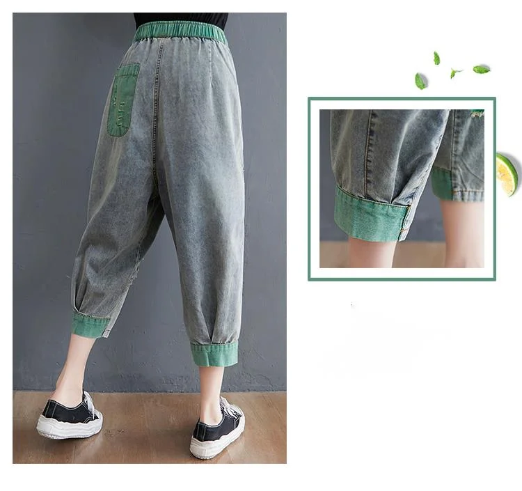 Amax luluE 2025 Summer Holes Design Womens Ripped Loose Harem Pants Ladies Contrast Color Elastic Jeans Females Denim Trousers