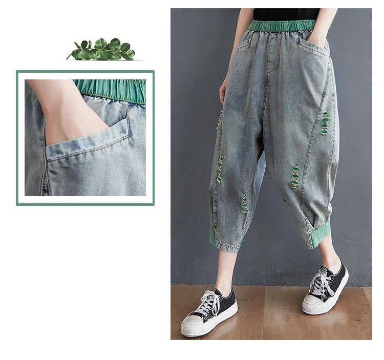 Amax luluE 2025 Summer Holes Design Womens Ripped Loose Harem Pants Ladies Contrast Color Elastic Jeans Females Denim Trousers