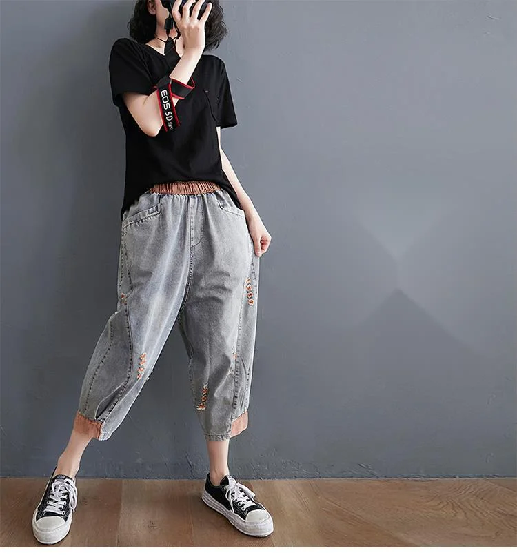 Amax luluE 2025 Summer Holes Design Womens Ripped Loose Harem Pants Ladies Contrast Color Elastic Jeans Females Denim Trousers