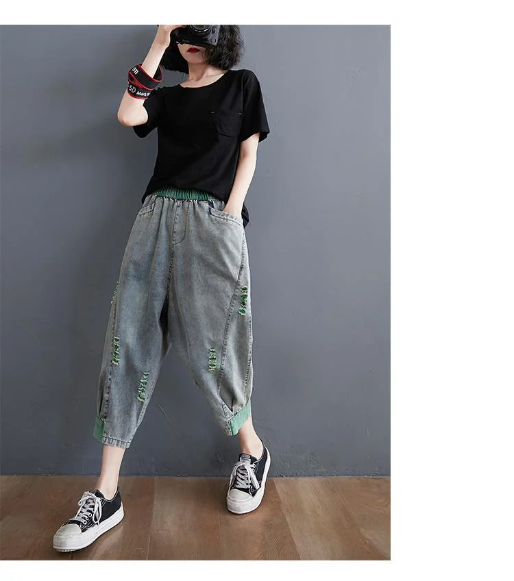 Amax luluE 2025 Summer Holes Design Womens Ripped Loose Harem Pants Ladies Contrast Color Elastic Jeans Females Denim Trousers