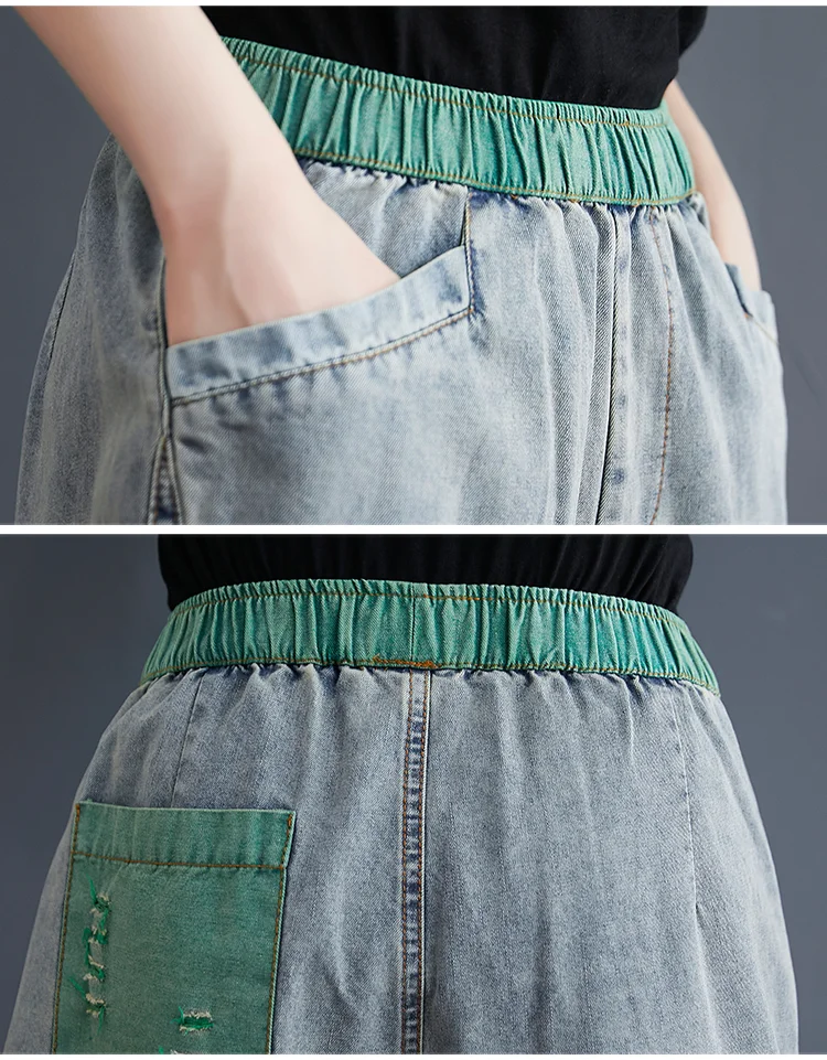 Amax luluE 2025 Summer Holes Design Womens Ripped Loose Harem Pants Ladies Contrast Color Elastic Jeans Females Denim Trousers