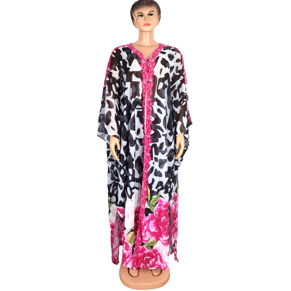 Fashion casual suit digital printed chiffon V-neck top stretch wide leg pants two-piece set