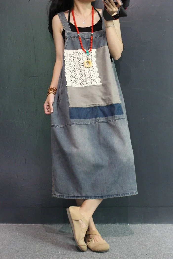 Amax LuluE Korean Summer Fashion Dresses Womens Patchwork Denim Cestidos Ladies Luxury Lace Blue Vintage Casual Elegant Clothes