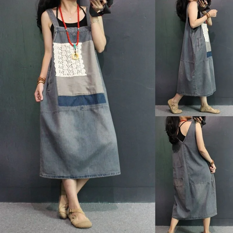 Amax LuluE Korean Summer Fashion Dresses Womens Patchwork Denim Cestidos Ladies Luxury Lace Blue Vintage Casual Elegant Clothes