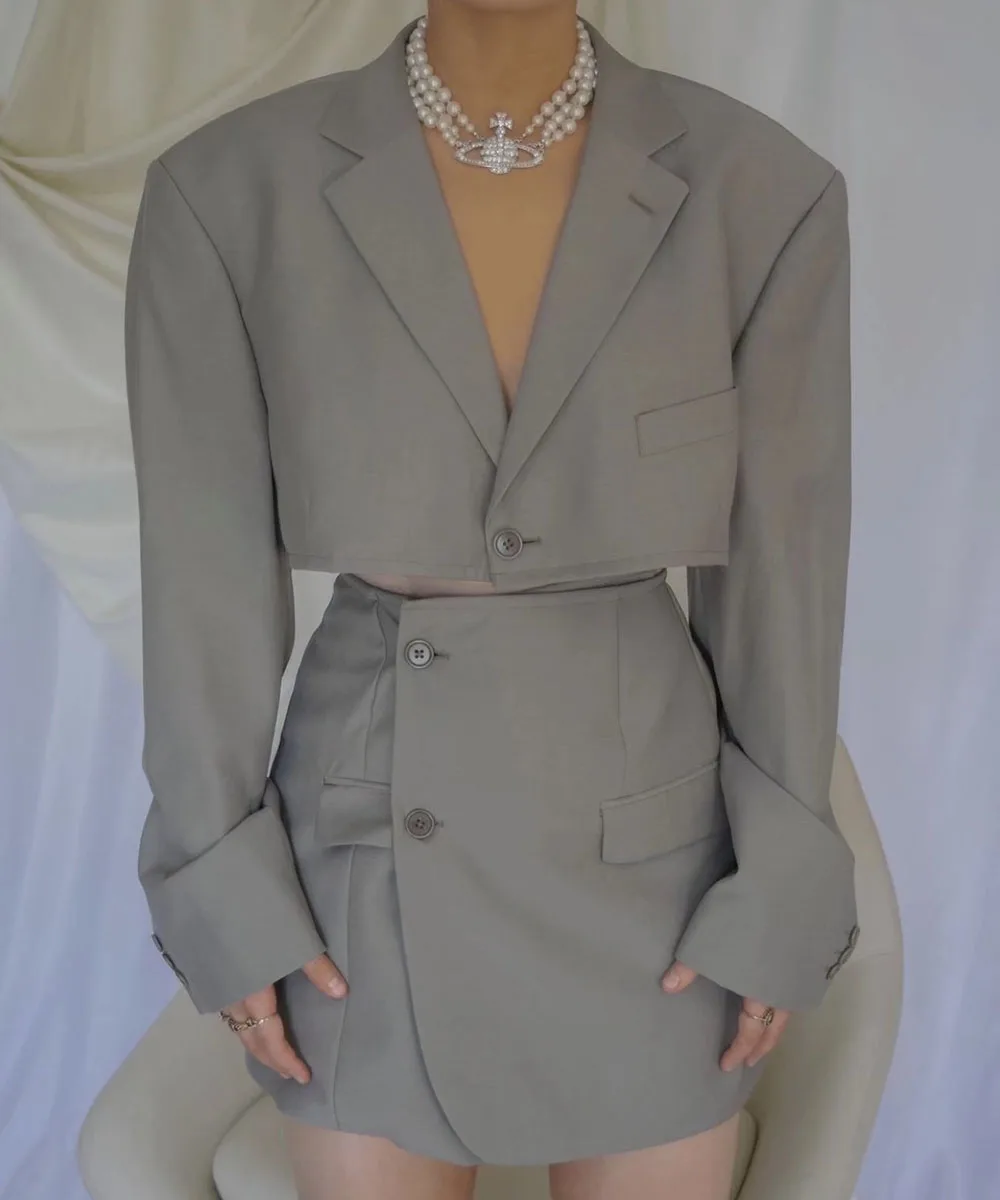 XEASY 2021 Women Fashion Set Vintage Single Button Short Blazer Female High Waist Asymmetrical A-Line Skirt England Style Suit