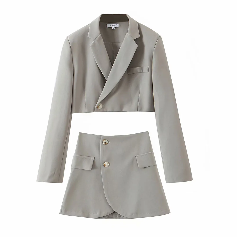 XEASY 2021 Women Fashion Set Vintage Single Button Short Blazer Female High Waist Asymmetrical A-Line Skirt England Style Suit