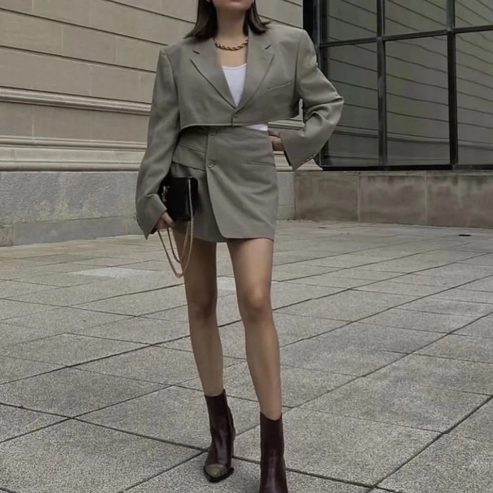 XEASY 2021 Women Fashion Set Vintage Single Button Short Blazer Female High Waist Asymmetrical A-Line Skirt England Style Suit