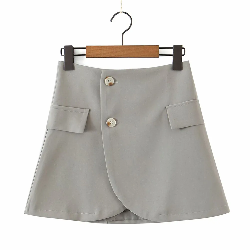 XEASY 2021 Women Fashion Set Vintage Single Button Short Blazer Female High Waist Asymmetrical A-Line Skirt England Style Suit