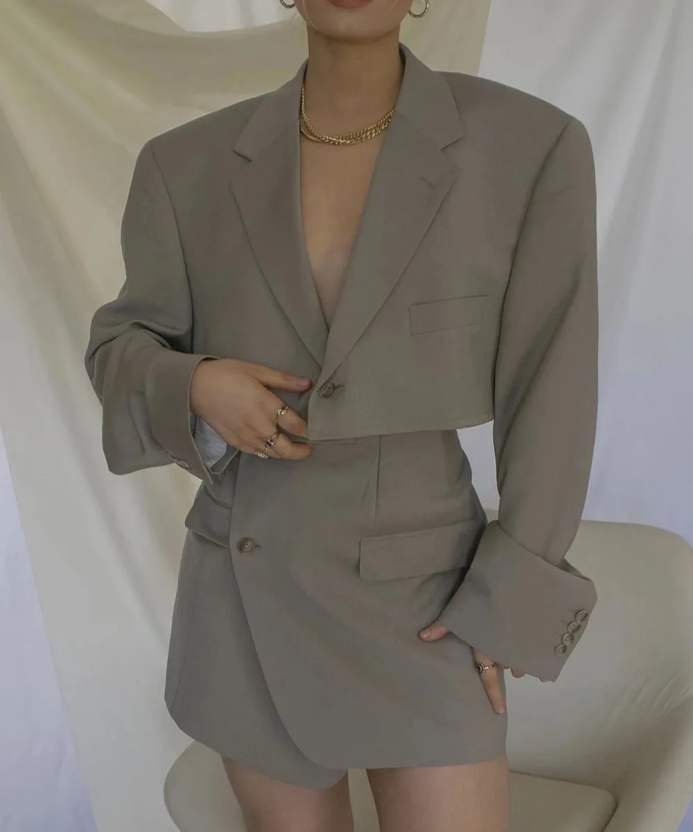 XEASY 2021 Women Fashion Set Vintage Single Button Short Blazer Female High Waist Asymmetrical A-Line Skirt England Style Suit